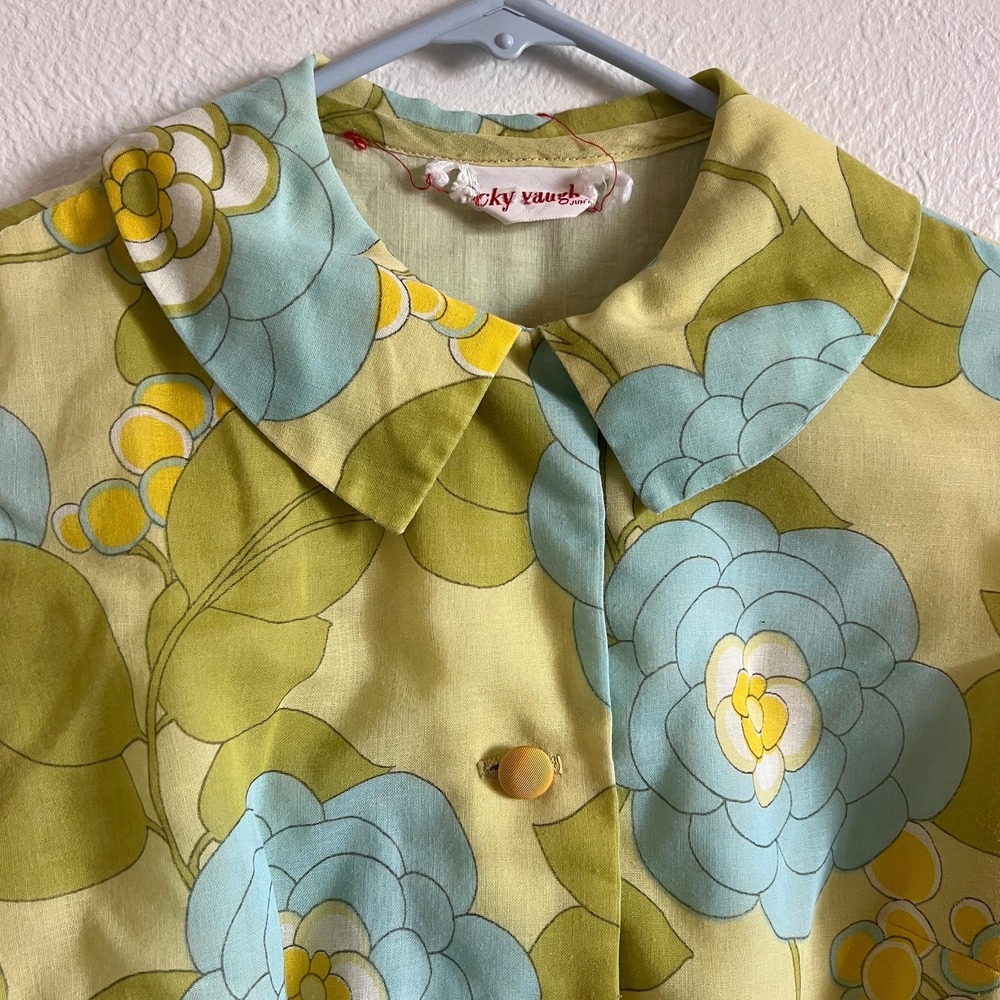 Vintage 60s Floral Dress Long Sleeve Blue Yellow Small Medium romantic Boho - Picture 10 of 12